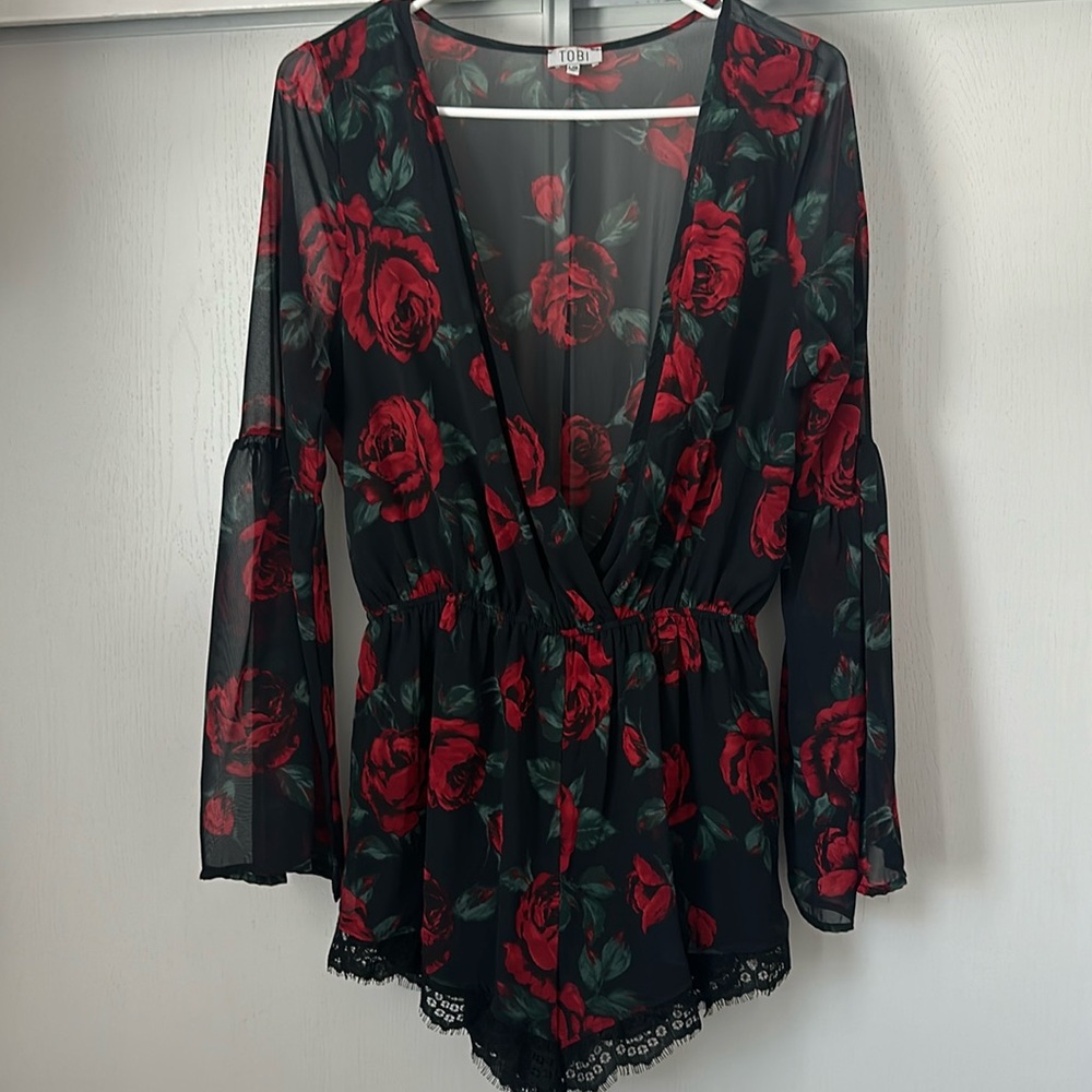 Tobi Black Floral Long Sleeve Romper with Red Roses